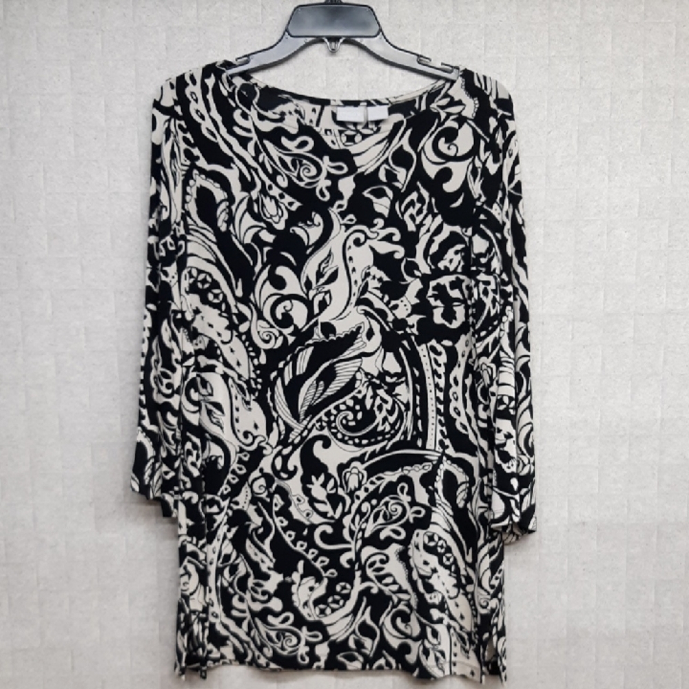 Chico's Travelers Black and Off-White Scroll Print Tunic Blouse